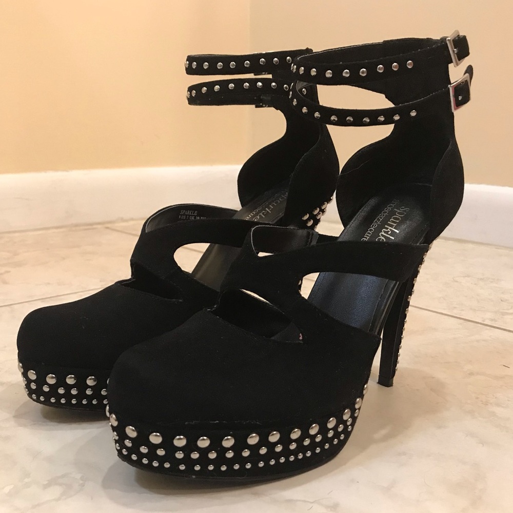 Black Studded Platform Pumps w/ Double Ankle Strap